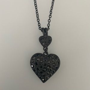 EXPRESS Black Rhinestone Double Heart Pendant Necklace Adjustable 15”-16”